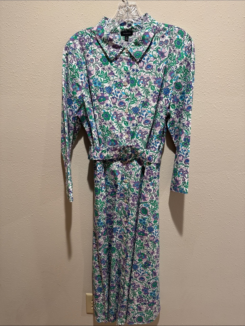 Talbots Green & Purple Floral 3/4 Sleeve Shirt Dress